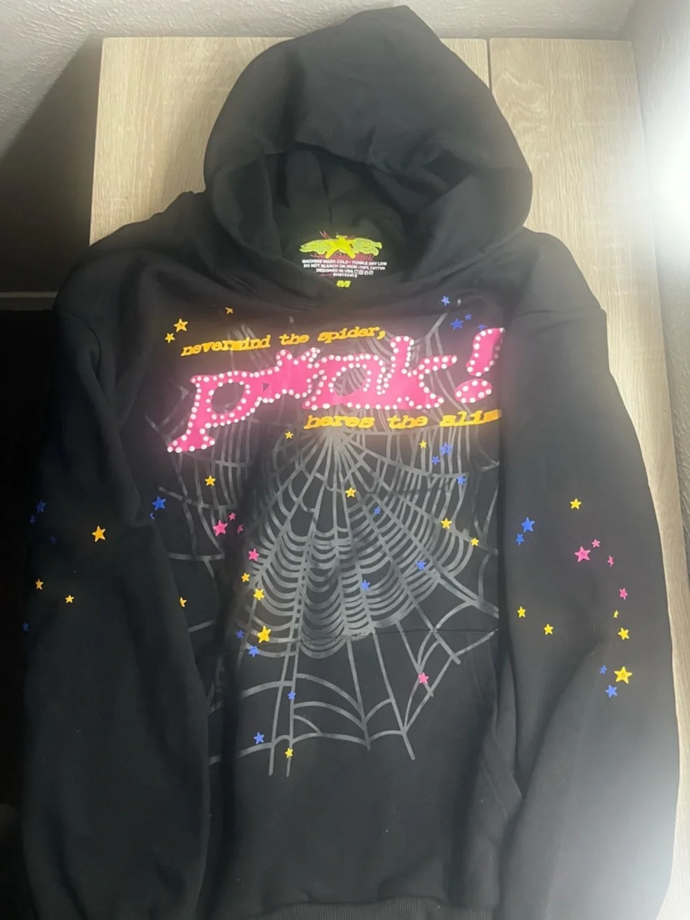 Kids Black Graphic Puffer Hoodie with Spiderweb and Star Accents